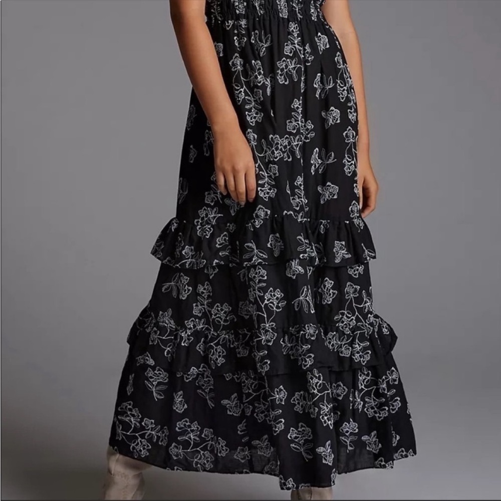 Anthropologie Especia Navy White Floral Embroidered Ruffle Maxi Dress Medium NWT - Picture 5 of 12